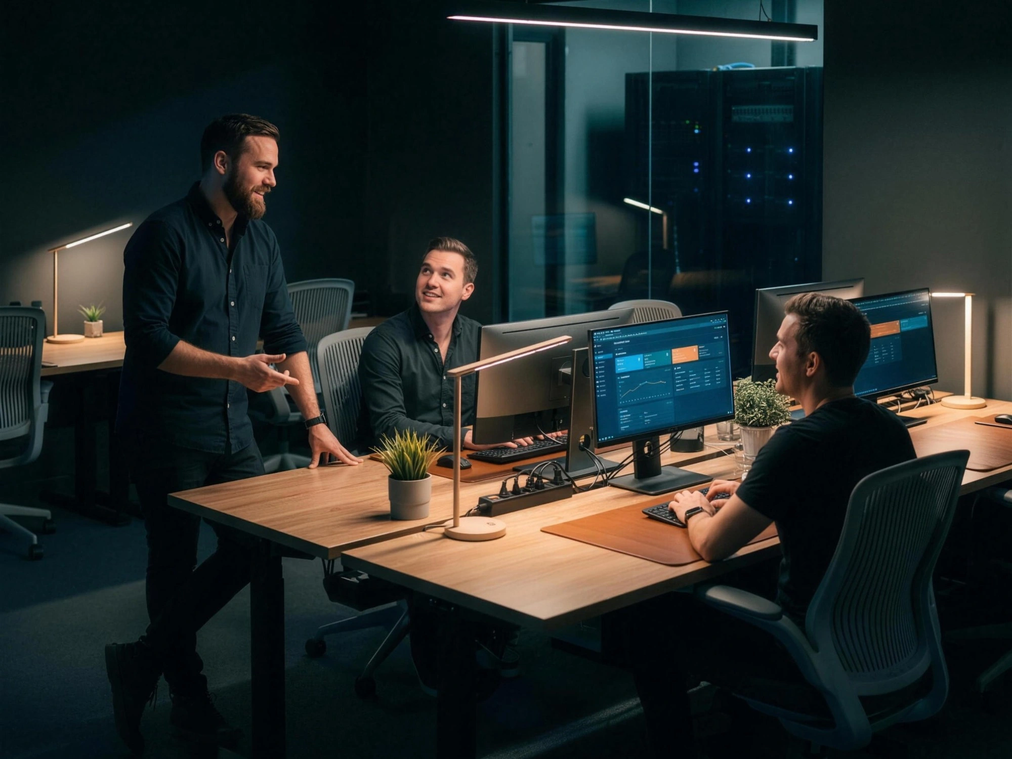 Three Supportwave engineers working together at a desk at night