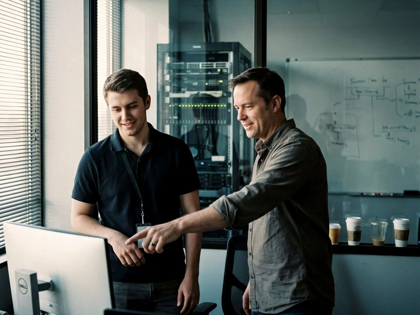 A senior engineer walking a newly placed colleague through their work